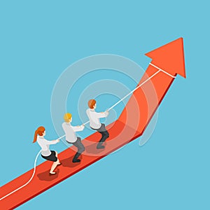 Isometric business team pull red arrow graph up