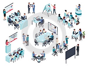 Isometric business training or coaching, office conference meeting. Businessman giving presentation, business education