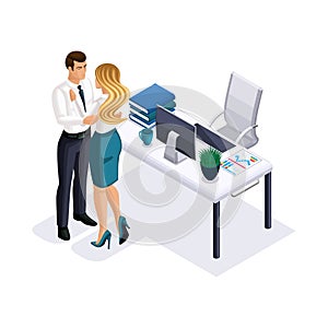 Isometric business woman and businessman hugging in the office, office romance, staff, director and secretary, love, beautiful