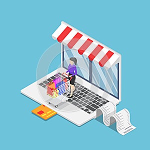 Isometric business woman with cart shopping on online store on laptop