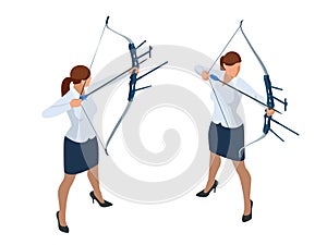 Isometric Business woman shooting a bow and arrow. Success. Arrow hit the center of the target. Business target