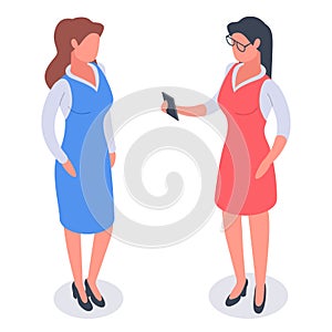 Isometric business women. Successful office workers conversation, female managers wearing business suits, office colleagues in