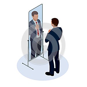 Isometric businessman adjusting tie in front of the mirror. Man checking his appearance in the mirror. Businessman