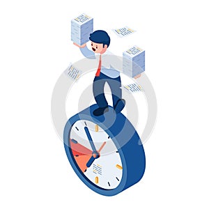 Isometric Businessman Balancing with Stack of Paperwork on Clock