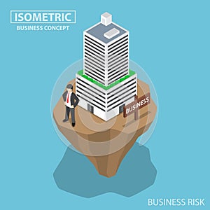 Isometric businessman build business building on unstable land