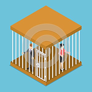 Isometric businessman and businesswoman trapped in the cage.