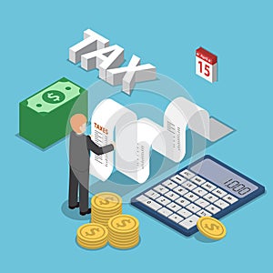 Isometric businessman calculate document for taxes