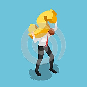 Isometric businessman carrying golden dollar sign