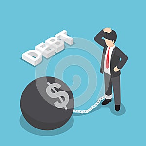 Isometric businessman chained with large metal ball