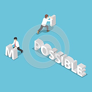 Isometric businessman change the word impossible to possible