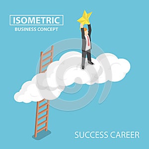 Isometric businessman climbing up over the cloud and reaching ha