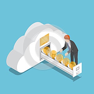 Isometric businessman collect idea light bulb in cloud shape room