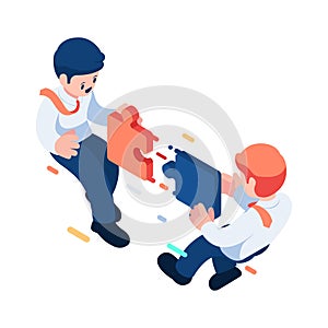Isometric Businessman Connecting Jigsaw Puzzle with Team