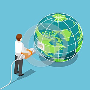 Isometric businessman connecting network cable to the world