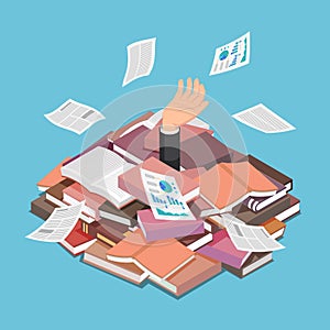 Isometric Businessman Drowned in Book and Document Pile