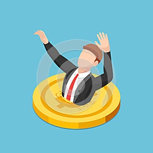 Isometric businessman drowning into golden dollar coin