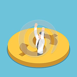 Isometric businessman falling into the hole on dollar coin.