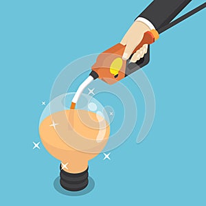 Isometric businessman filling light bulb of idea by fuel nozzle.