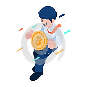 Isometric Businessman Floating and Holding Bitcoin