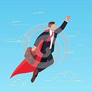 Isometric businessman flying in the sky like a superhero.