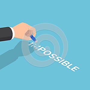 Isometric businessman hand changing the word impossible to possible by eraser