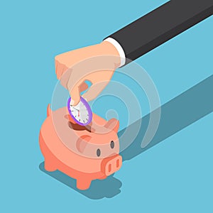 Isometric businessman hand collect time into piggy bank.