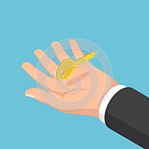 Isometric businessman hand holding golden key.