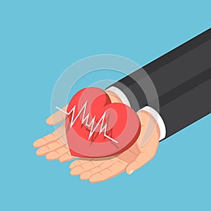 Isometric businessman hand holding red heart with electrocardiography line