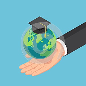 Isometric businessman hand holding the world with graduation cap