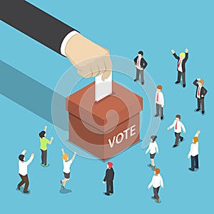 Isometric businessman hand put voting paper in the ballot box.