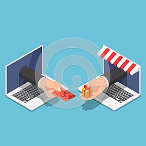 Isometric businessman hand use credit card to shopping online