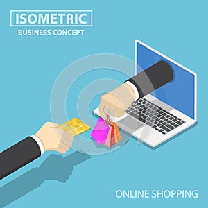 Isometric businessman hand use credit card to shopping online.