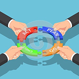 Isometric businessman hands holding plan do check act jigsaw