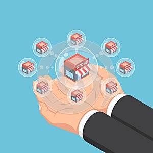 Isometric businessman hands holding store network bubbles