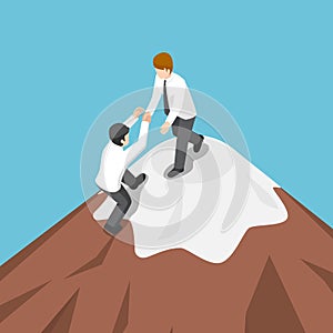 Isometric businessman help each other climb to the top of mountain