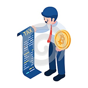 Isometric Businessman Holding Bitcoin and Tax Document