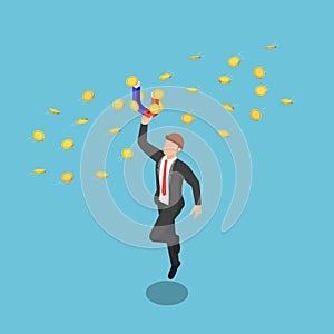 Isometric businessman holding the magnet to attract money coin