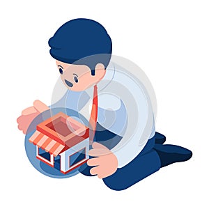 Isometric Businessman Holding and Protect His Business