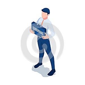 Isometric Businessman Holding Survival Business Bag