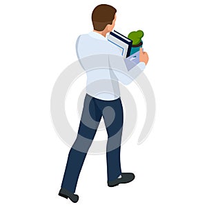 Isometric businessman isolated on write. dismissed frustrated business person holding a box with his things