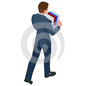 Isometric businessman isolated on write. dismissed frustrated business person holding a box with his things