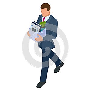 Isometric businessman isolated on write. dismissed frustrated business person holding a box with his things