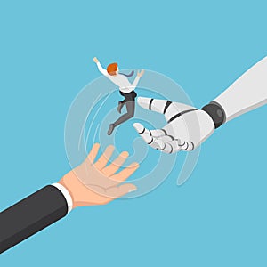 Isometric businessman jump from human to ai robot hand