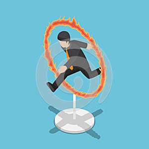 Isometric businessman jumping through fire hoop.