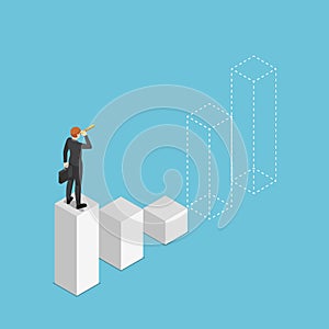 Isometric businessman looking through telescope and prediction future of bar graph