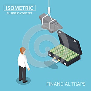 Isometric businessman looking to suitcase full of money