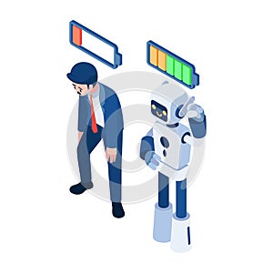 Isometric Businessman Low Battery VS Robot with Full Energy