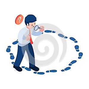 Isometric Businessman with Magnifying Glass Analyze Circle Footstep