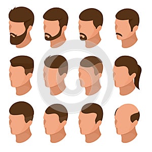 Isometric Businessman or male person character creation set. Collection of of men`s hairstyles, hipster style isolation