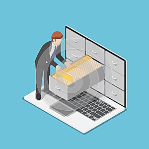 Isometric businessman manage document folders in cabinet inside the laptop screen